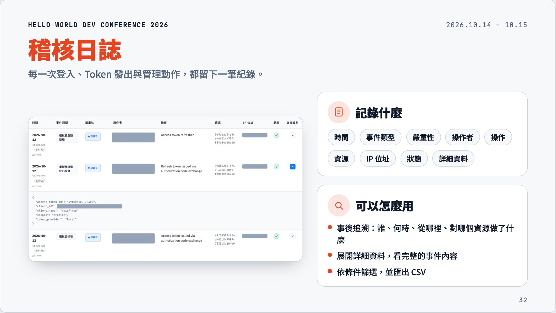 AuthGate 稽核日誌介面,可依條件篩選並匯出紀錄