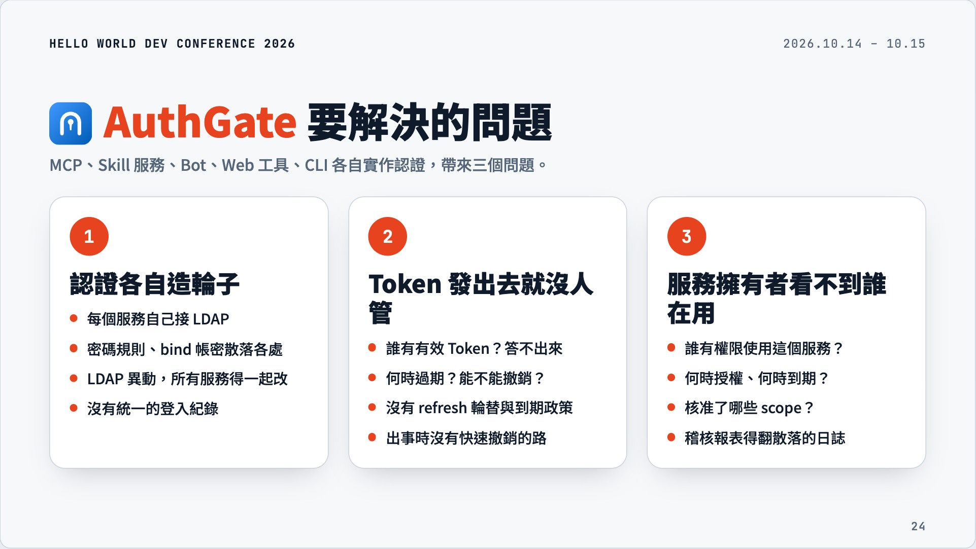 AuthGate 要解決的問題:認證分散、Token 失控與授權不透明